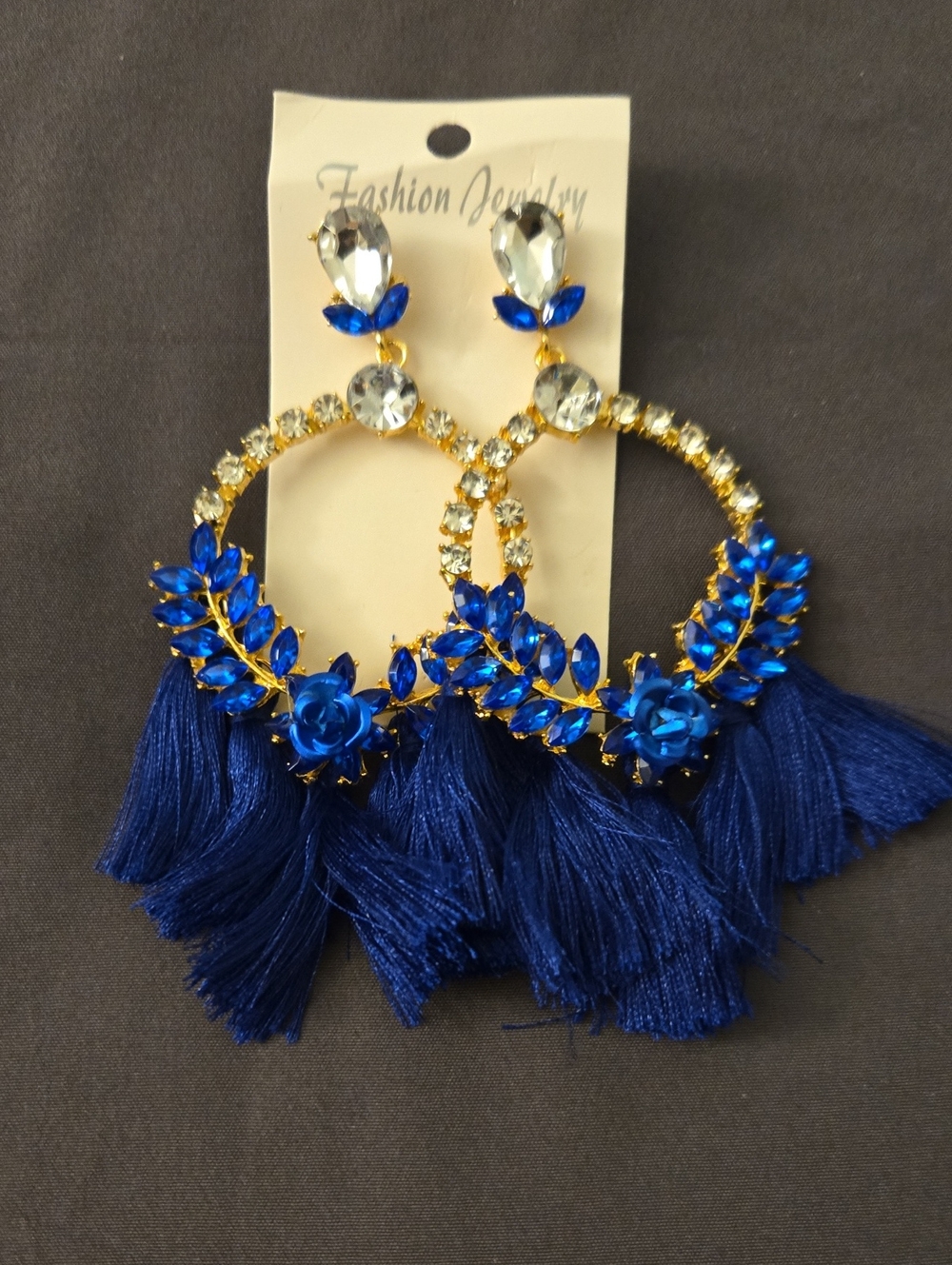 Fashion Jewelry Cobalt Blue Crystal Hoop Tassel Earrings